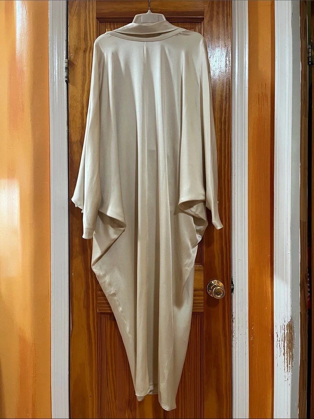NWT Satin Beige Draped Open Back Dress Lagenlook Formal Shawl Gown Tie Neck M